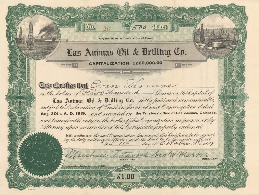 Las Animas Oil and Drilling Co. - 1919 dated Stock Certificate