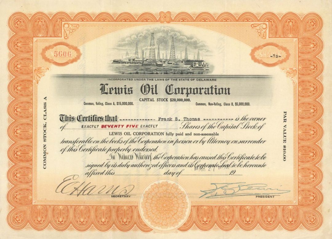 Lewis Oil Corp. - 1924 dated Stock Certificate