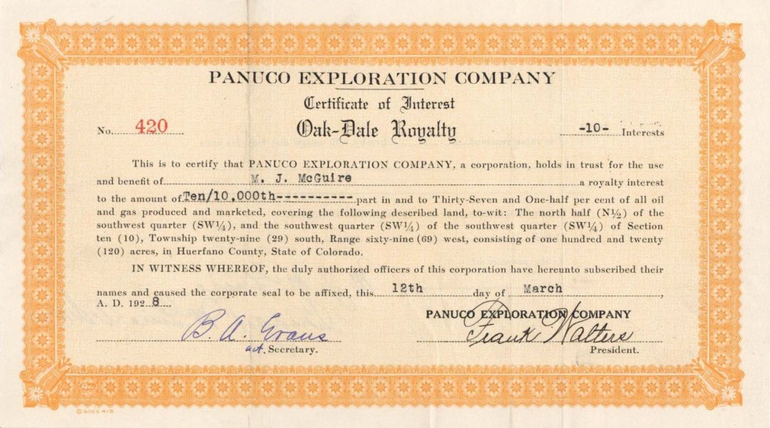 Panuco Exploration Co. - 1928 dated 10 Interests