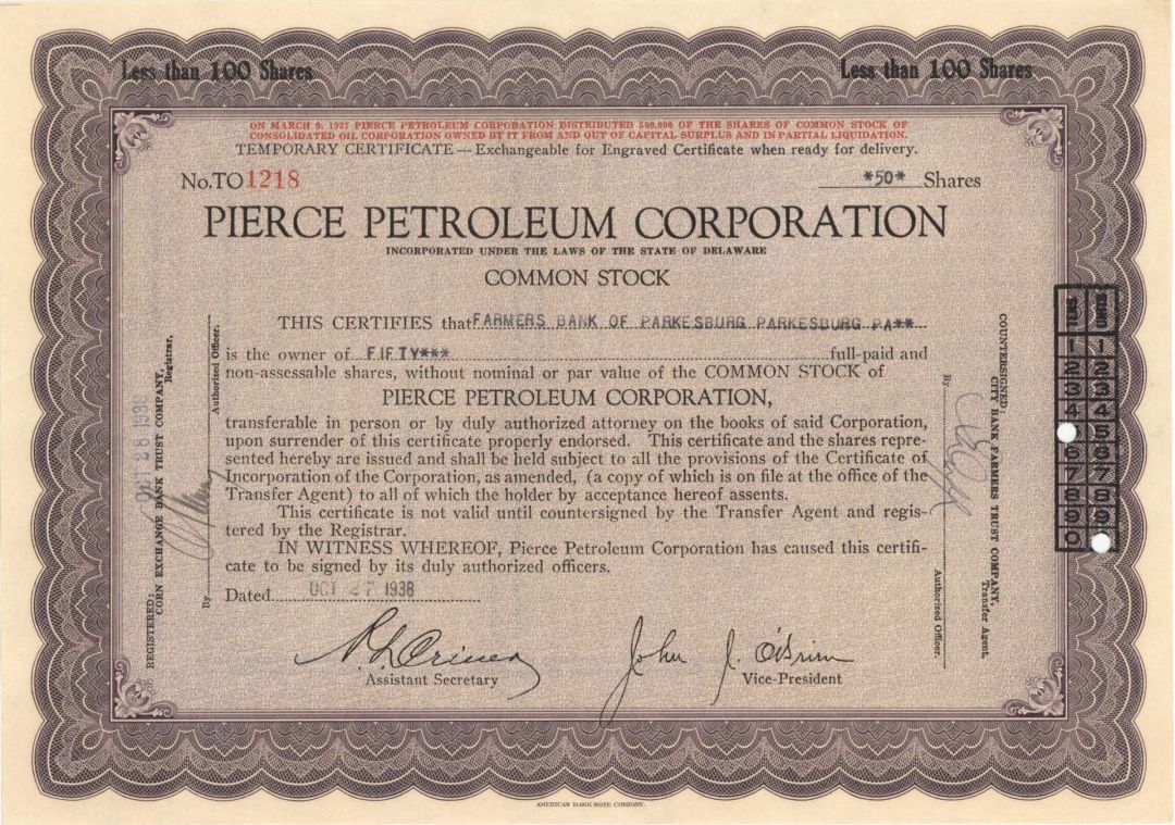 Pierce Petroleum Corp. - 1938 dated Stock Certificate