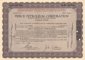 Pierce Petroleum Corp. - 1938 dated Stock Certificate