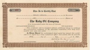 Ruby Oil Co. - 1927 dated Stock Certificate