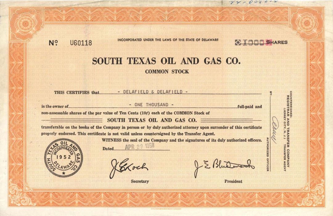 South Texas Oil and Gas Co. - 1958 dated Stock Certificate