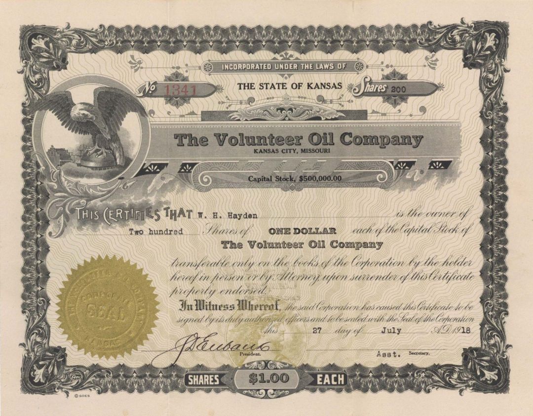 Volunteer Oil Co. - 1918 dated Stock Certificate