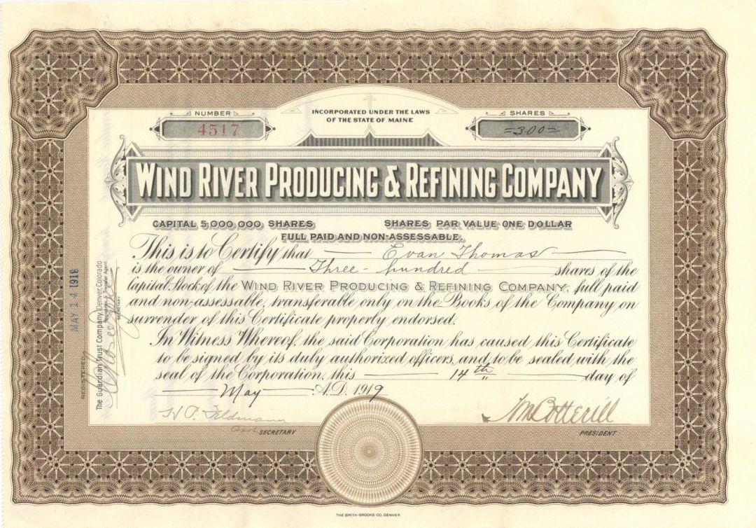 Wind River Producing and Refining Co. - 1919 dated Stock Certificate