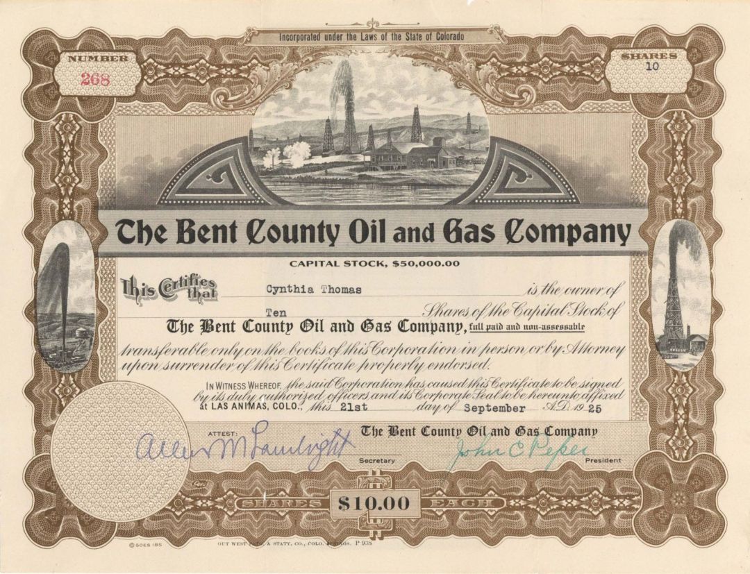 Bent County Oil and Gas Co. -  1925 dated Stock Certificate