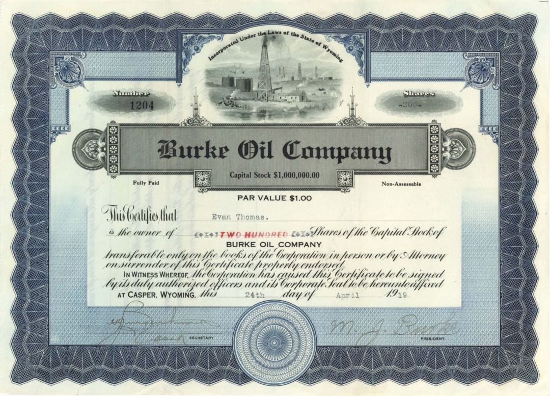 Burke Oil Co. -  1919 dated Stock Certificate