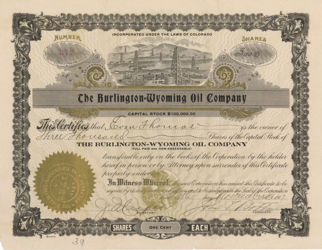 Burlington-Wyoming Oil Co. -  1917 dated Stock Certificate