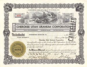 Cherokee Utah Uranium Corp. -  1955 dated Stock Certificate