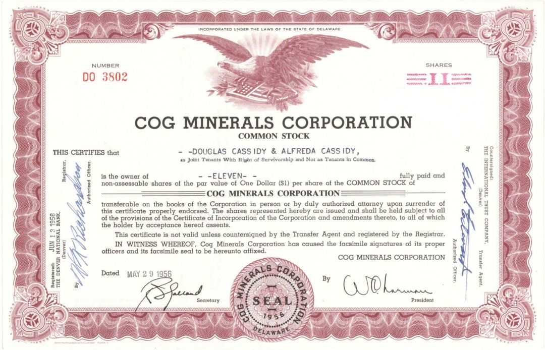 Cog Minerals Corp. -  1956 dated Stock Certificate