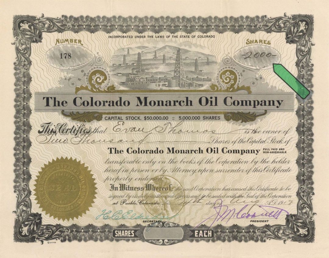 Colorado Monarch Oil Co. -  1917 dated Stock Certificate