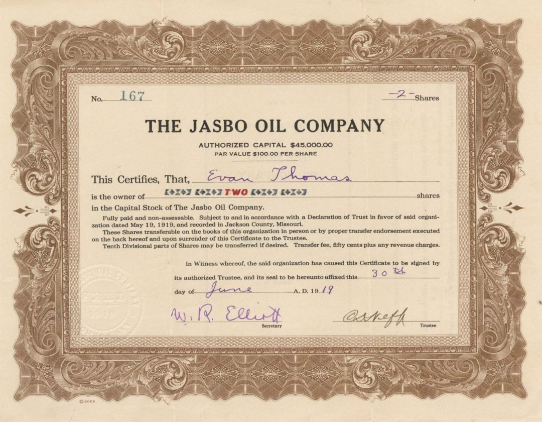 Jasbo Oil Co. -  1919 dated Stock Certificate