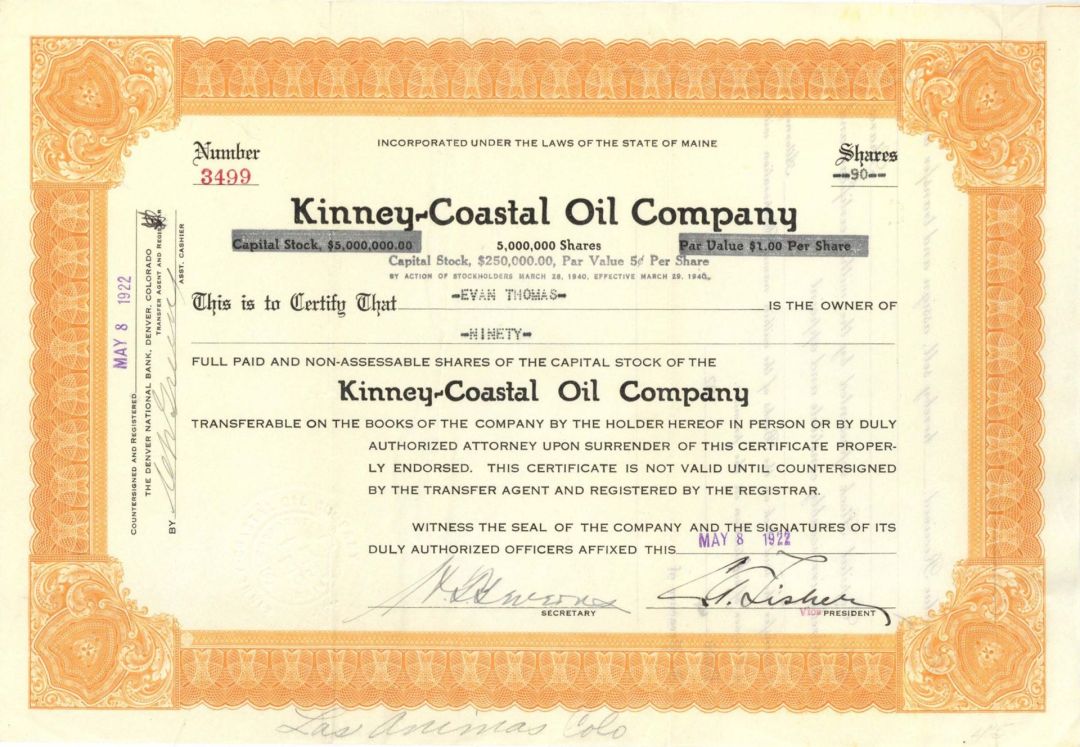 Kinney-Coastal Oil Co. -  1922 dated Stock Certificate