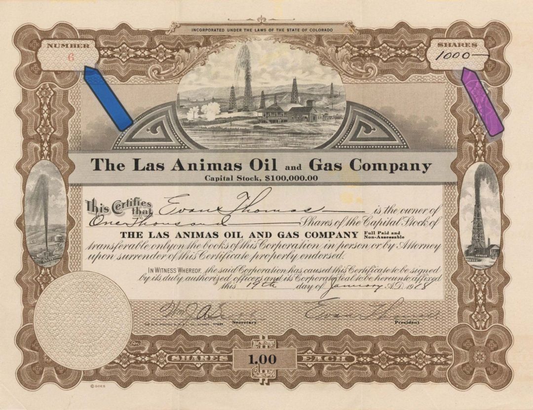 Las Animas Oil and Gas Co. -  1918 dated Stock Certificate