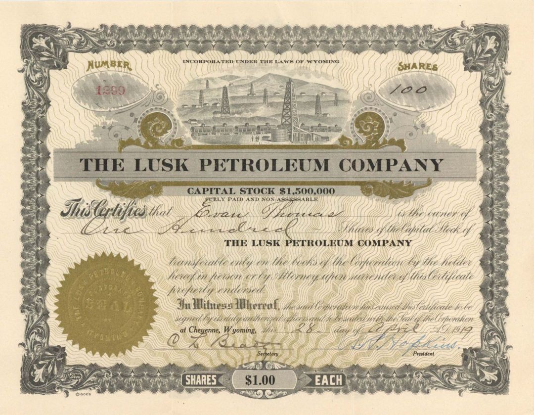 Lusk Petroleum Co. -  1919 dated Stock Certificate