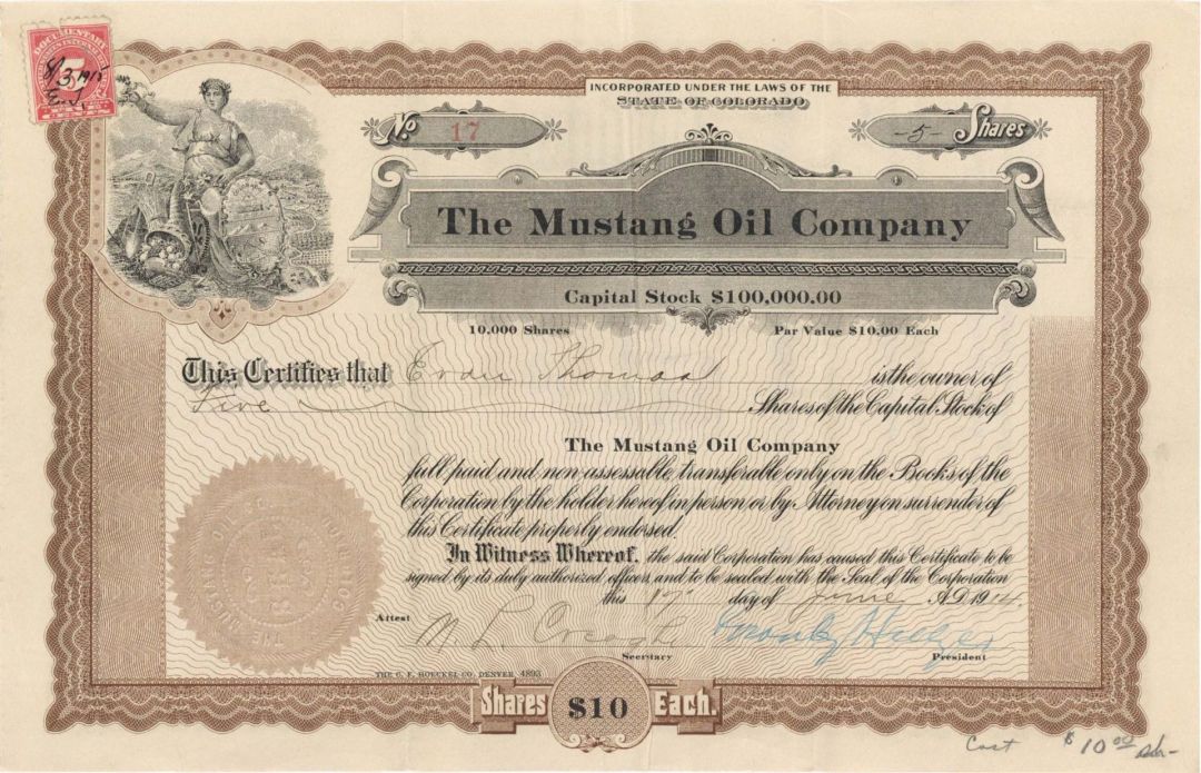 Mustang Oil Co. -  1914-1917 dated Stock Certificate