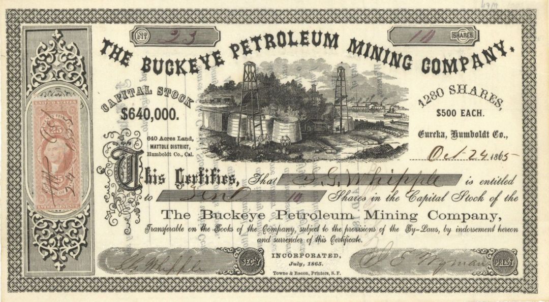 Buckeye Petroleum Mining Co. -  1865 dated Stock Certificate