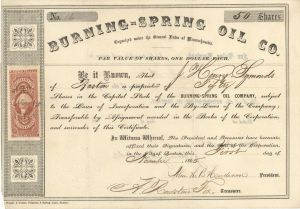 Burning-Spring Oil Co. -  1865 dated Stock Certificate