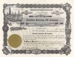 Canadian Kootenay Oil Co. -  1930's-1950's dated Stock Certificate