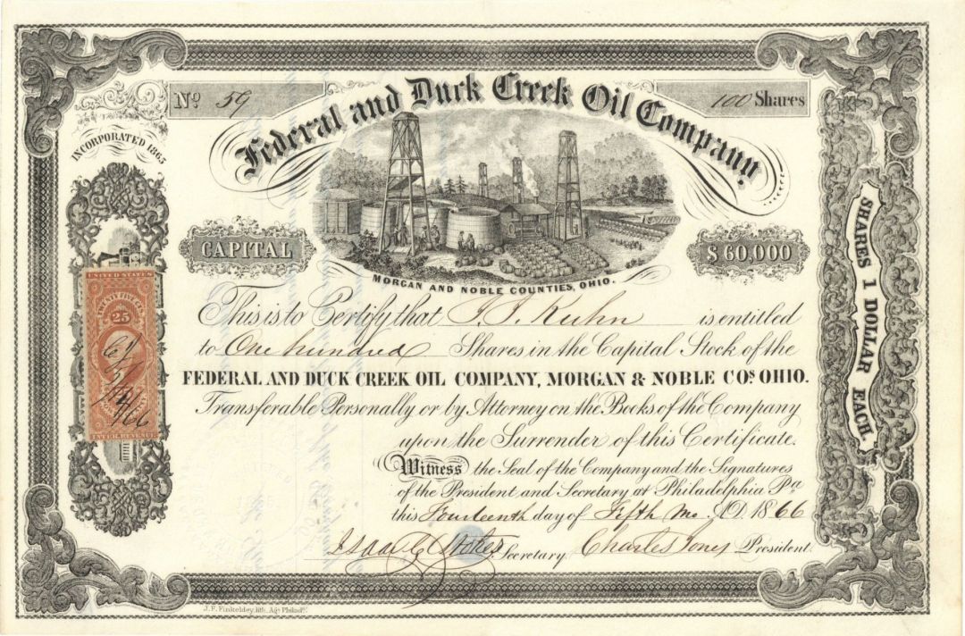 Federal and Duck Creek Oil Co. -  1866 dated Stock Certificate