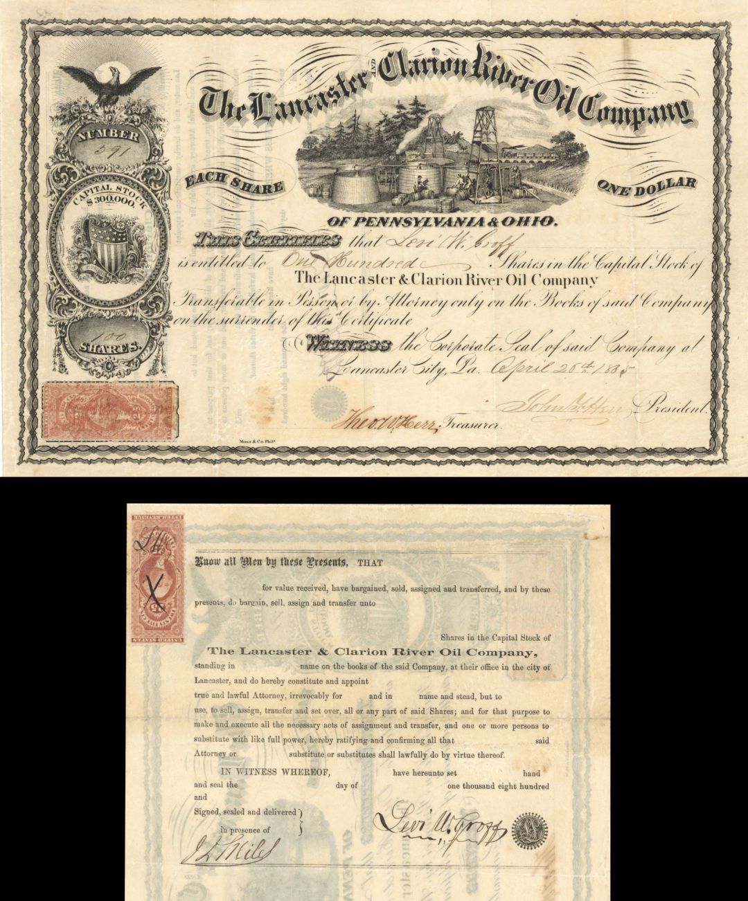 Lancaster and Clarion River Oil Co. - 1865 dated Stock Certificate