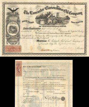 Lancaster and Clarion River Oil Co. -  1865 dated Stock Certificate