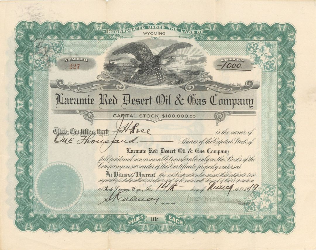 Laramie Red Desert Oil and Gas Co. -  1919 dated Stock Certificate