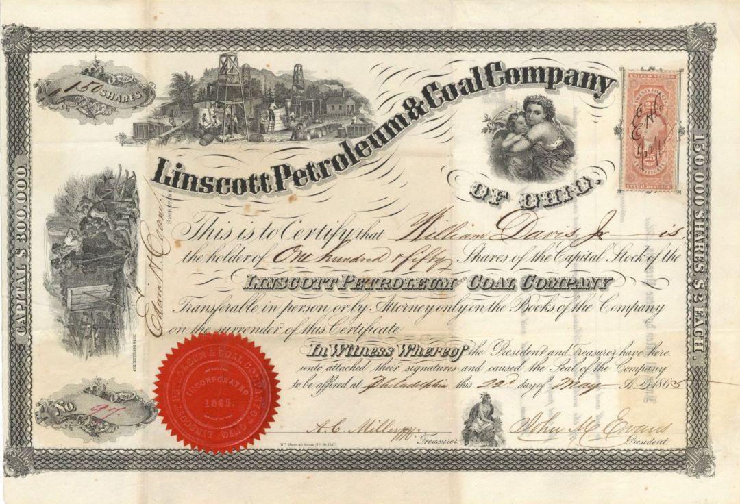 Linscott Petroleum and Coal Co. -  1865 dated Stock Certificate