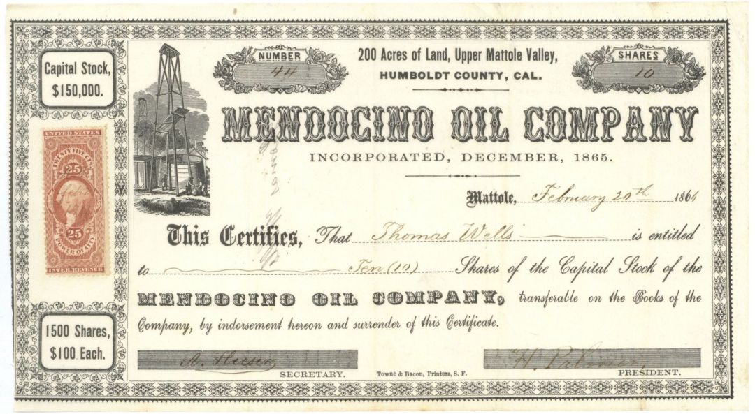 Mendocino Oil Co. -  1864 dated California Oil Stock Certificate - Bottom Left Tear through Design