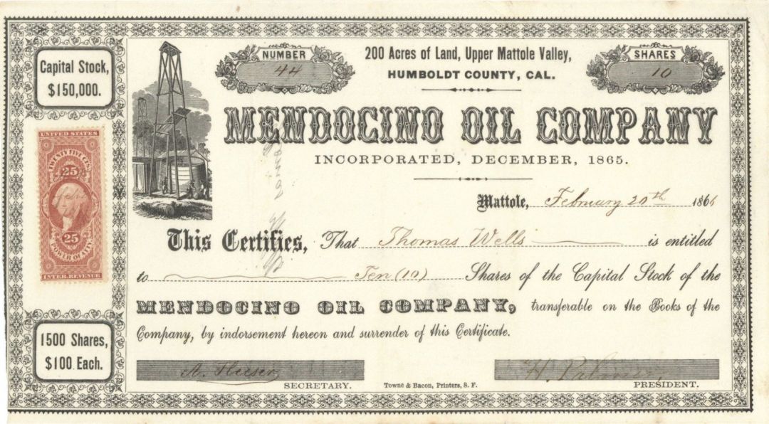 Mendocino Oil Co. -  1864 dated Stock Certificate