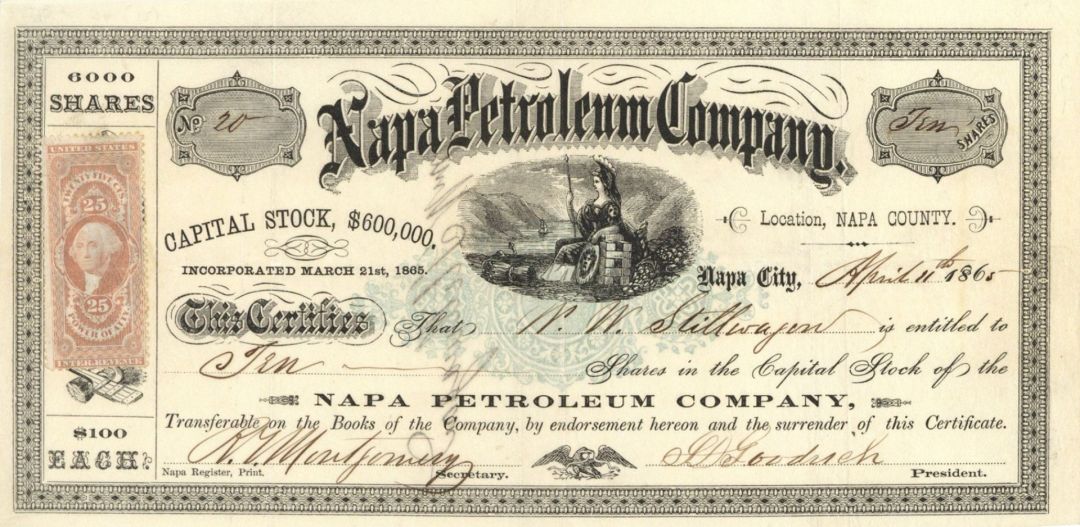 Napa Petroleum Co. -  1865 dated Stock Certificate