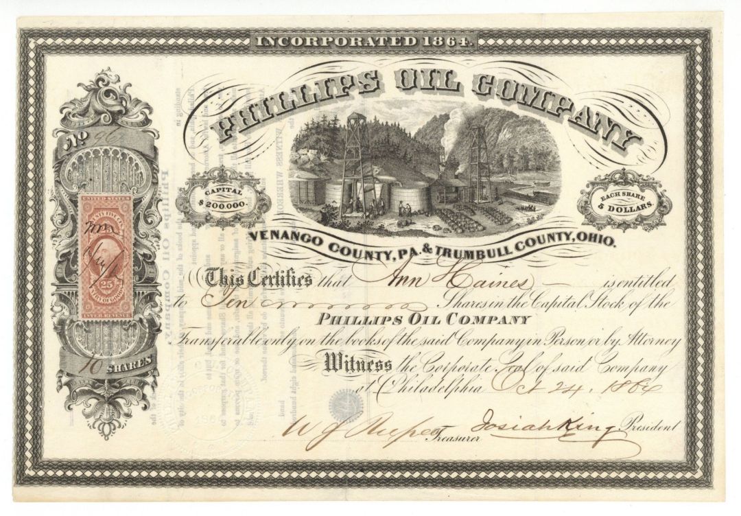 Phillips Oil Co. -  1864 dated Stock Certificate