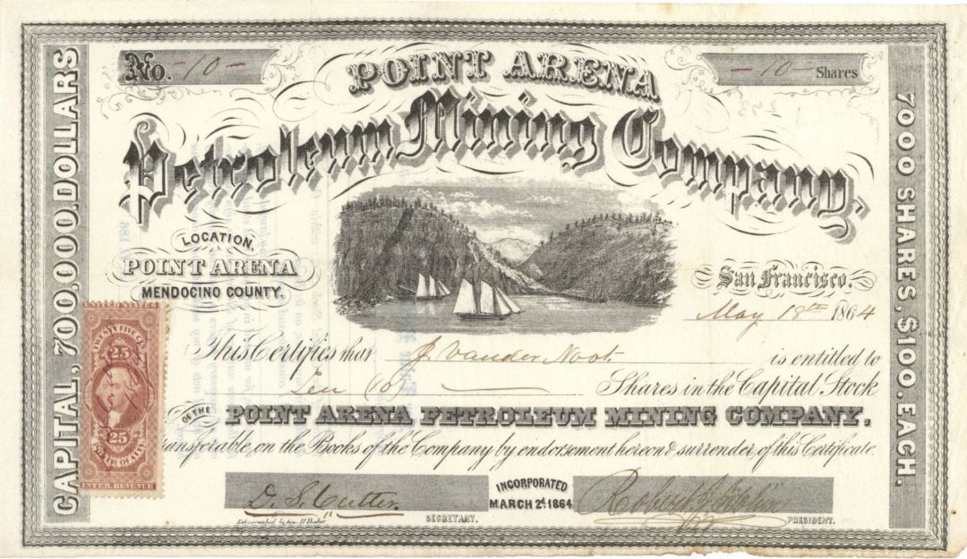 Point Arena Petroleum Mining Co. -  1864 dated Stock Certificate