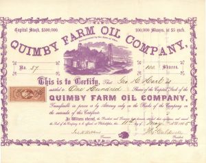 Quimby Farm Oil Co. -  1865 dated Stock Certificate