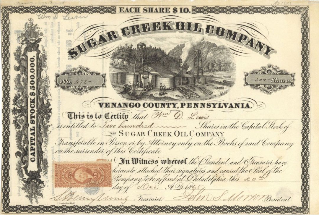 Sugar Creek Oil Co. -  1865 dated Stock Certificate