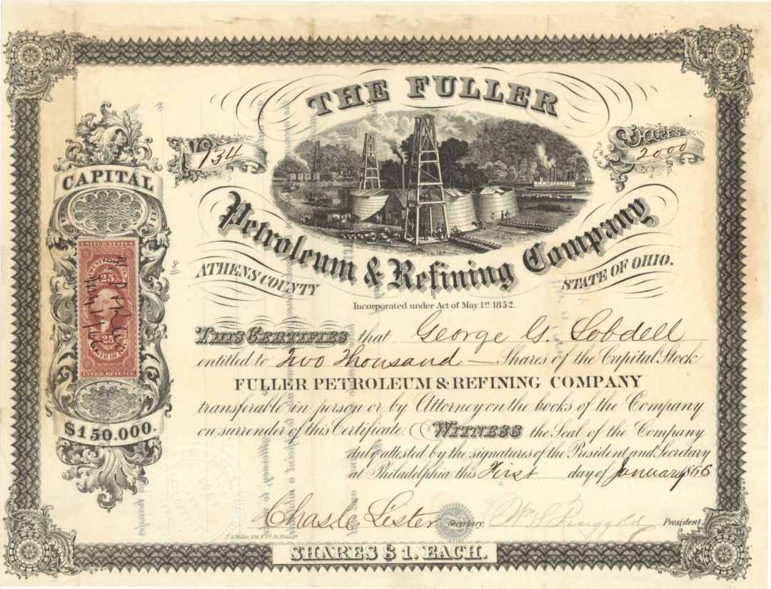 Fuller Petroleum & Refining Co. -  1866 dated Stock Certificate