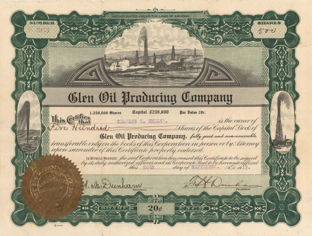 Glen Oil Producing Co. - 1919-1921 dated Stock Certificate