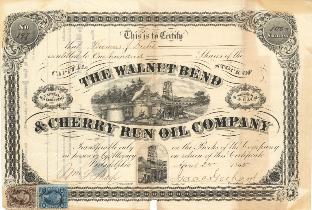 Walnut Bend and Cherry Run Oil Co. - 1865 dated Stock Certificate