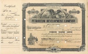 Petroleum Development Co. not fully issued or signed by Edward Doheny - 1899 dated Stock Certificate