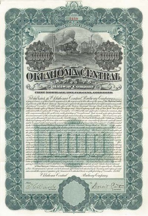 Oklahoma Central Railway - 1905 dated $1,000 5% Gold Railroad Bond (Uncanceled)