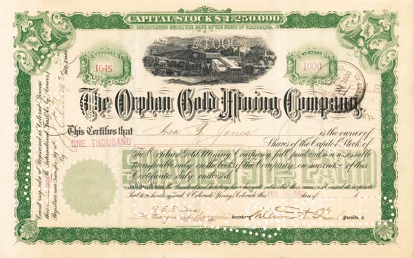 Orphan Gold Mining Co. - Stock Certificate