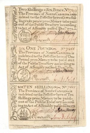 Province of North Carolina Colonial Sheet of 3 Notes dated Dec. 1771 - Colonial Paper Money