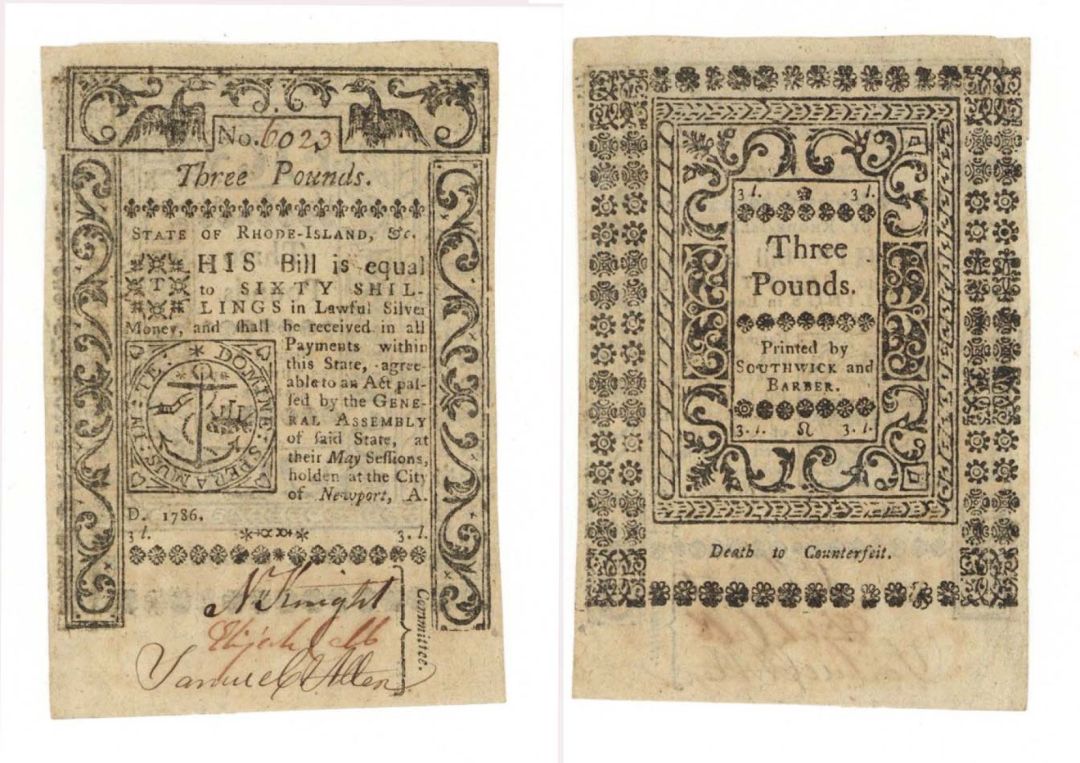 3 Pounds - FR RI-301 - May 1786 - Colonial Paper Money