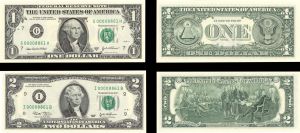 Pair of $1 and $2 notes with Low Matching Serial Numbers - 2003 dated Paper Money Errors