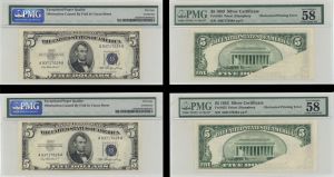 $5 Obstruction Caused By Fold in Uncut Sheet - Two Notes - 1953 dated Paper Money Errors