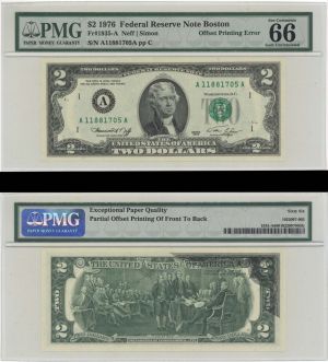 $2 Partial Dark Offset - 1976 dated Paper Money Error