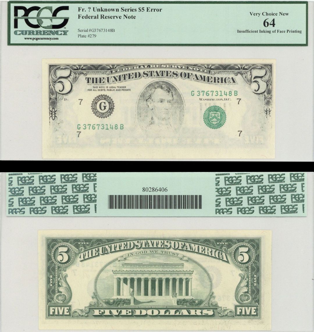 Paper Money Error - $5 Insufficient Ink on Face - Chicago District