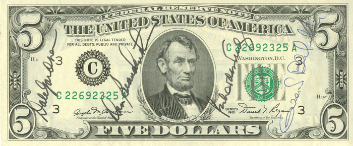 Astronaut Autographed 5 Dollar Bill