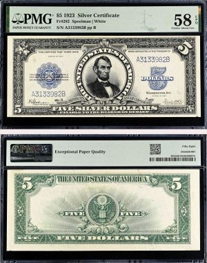 5 Dollars Large Size Note - FR. 282 - 1923 dated Silver Certificate - PMG Grade 58 - United States Paper Money