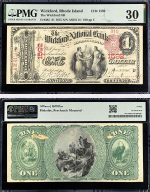 1 Dollar Large Size Note - FR. 385 - 1875 dated Wickford National Bank - PMG Grade 30 - United States Paper Money